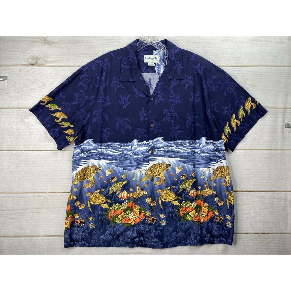 Bishop St. Aloha Hawaiian Shirt Mens 2XL Blue Ocean Turtles Button Up Tropical